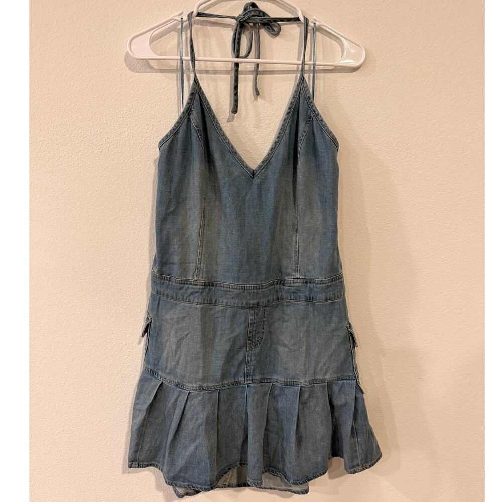 Wild Fable Denim Halter Mini Dress - Light Wash & Pleated - Large